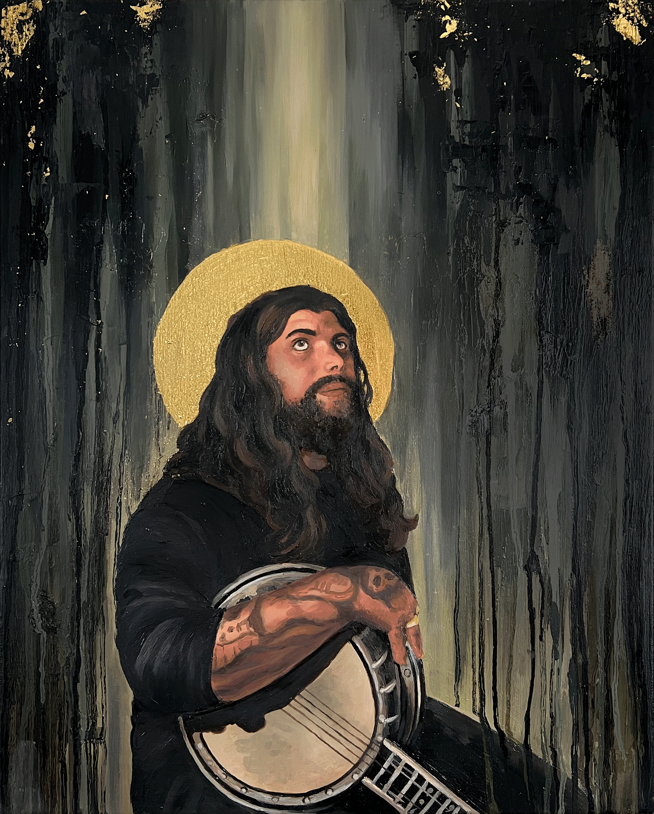 Painting of Amigo the Devil holding a banjo with a golden halo behind him