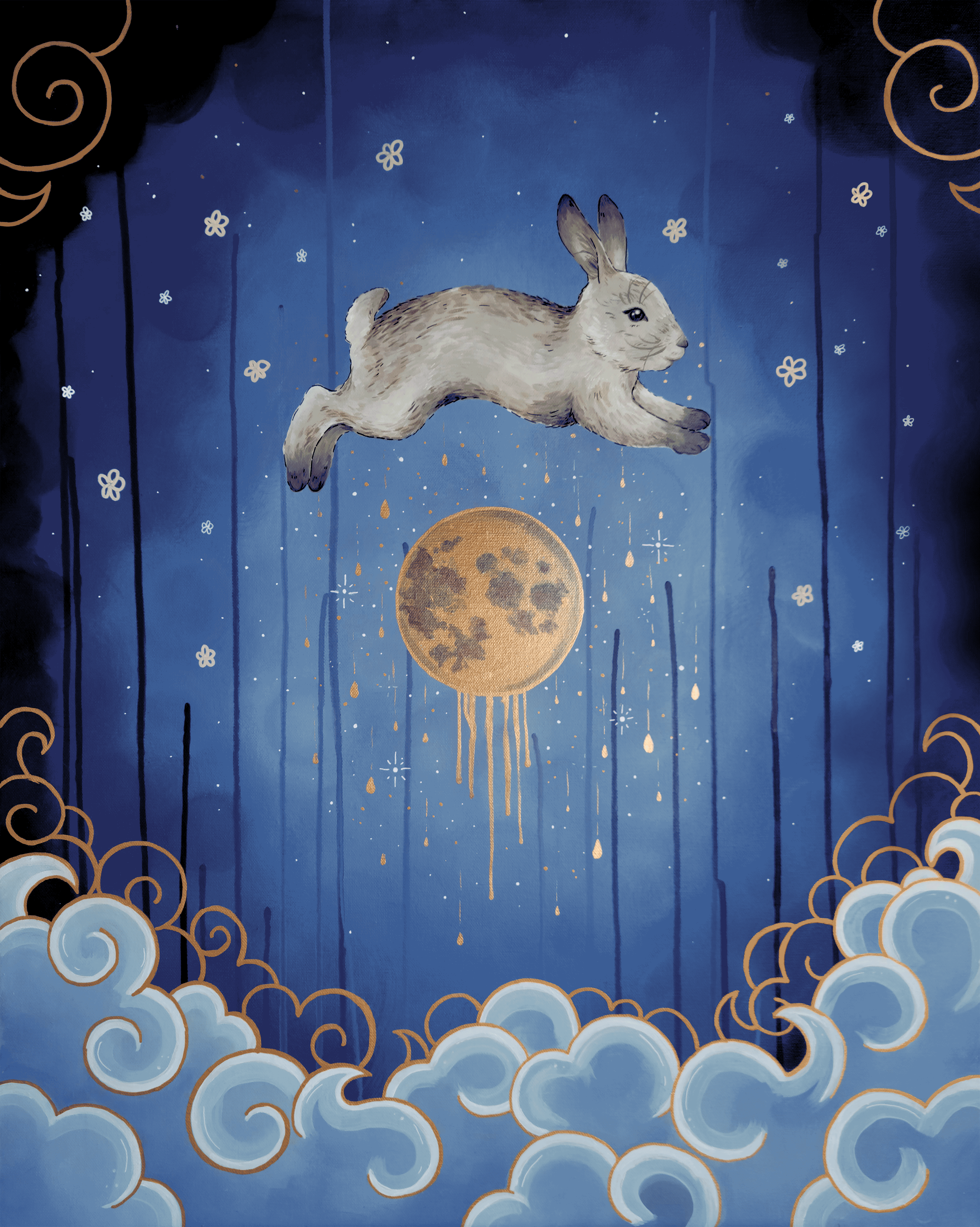 painting of a rabbit leaping over the moon. Curly clouds fill the bottom frame with gold swirls around the rest of the frame.