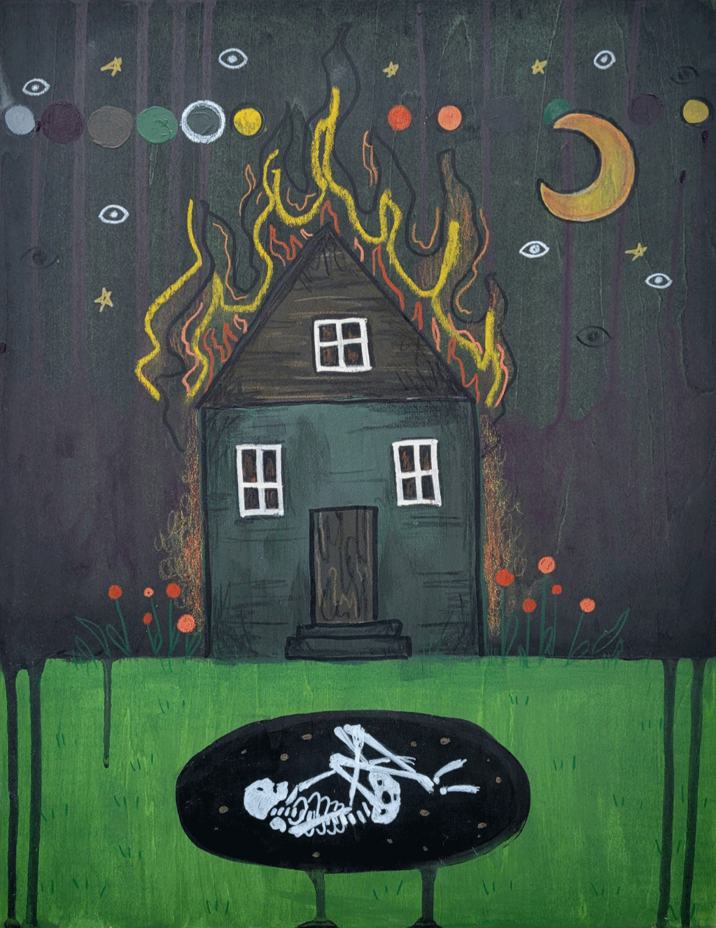 painting of a burning house with a skeleton curled up in the ground beneath it. A moon, colorful circles, and simple drawings of eyes populate the sky.