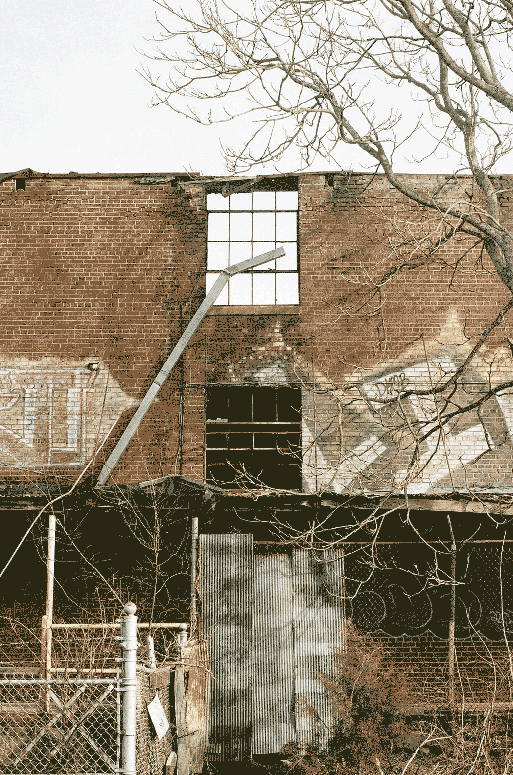 Decaying building with overgrowth, boarded doors, and leafless plants