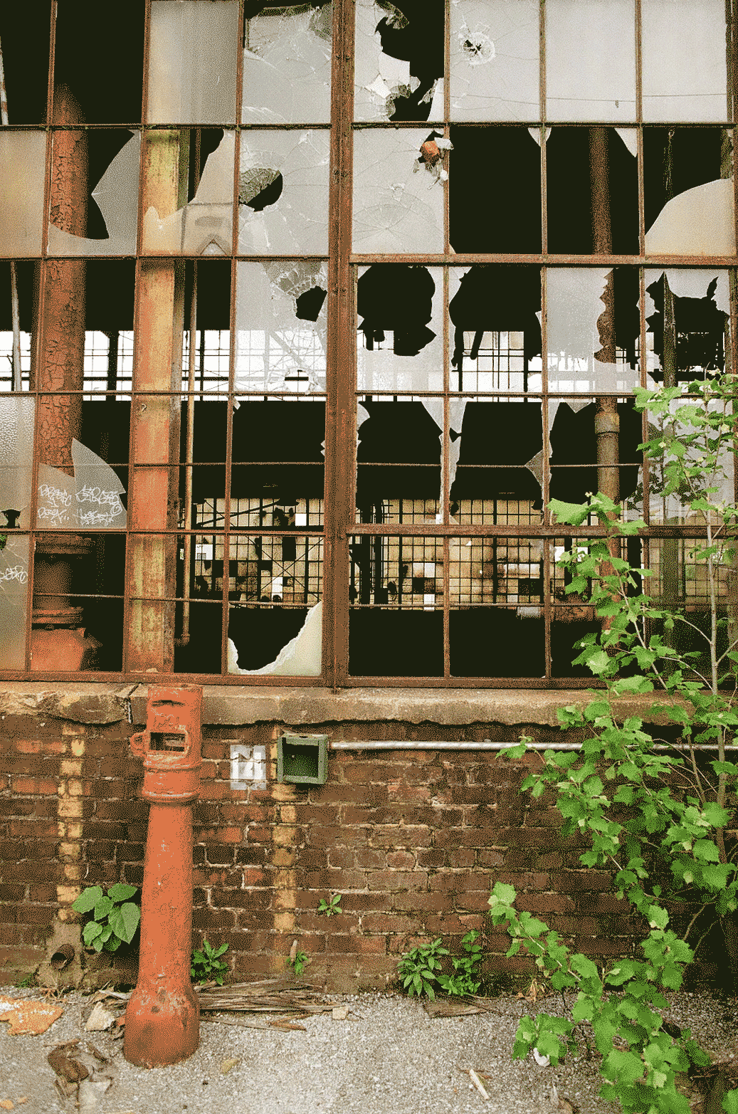 Busted out windows revealing the dark inside of a building
