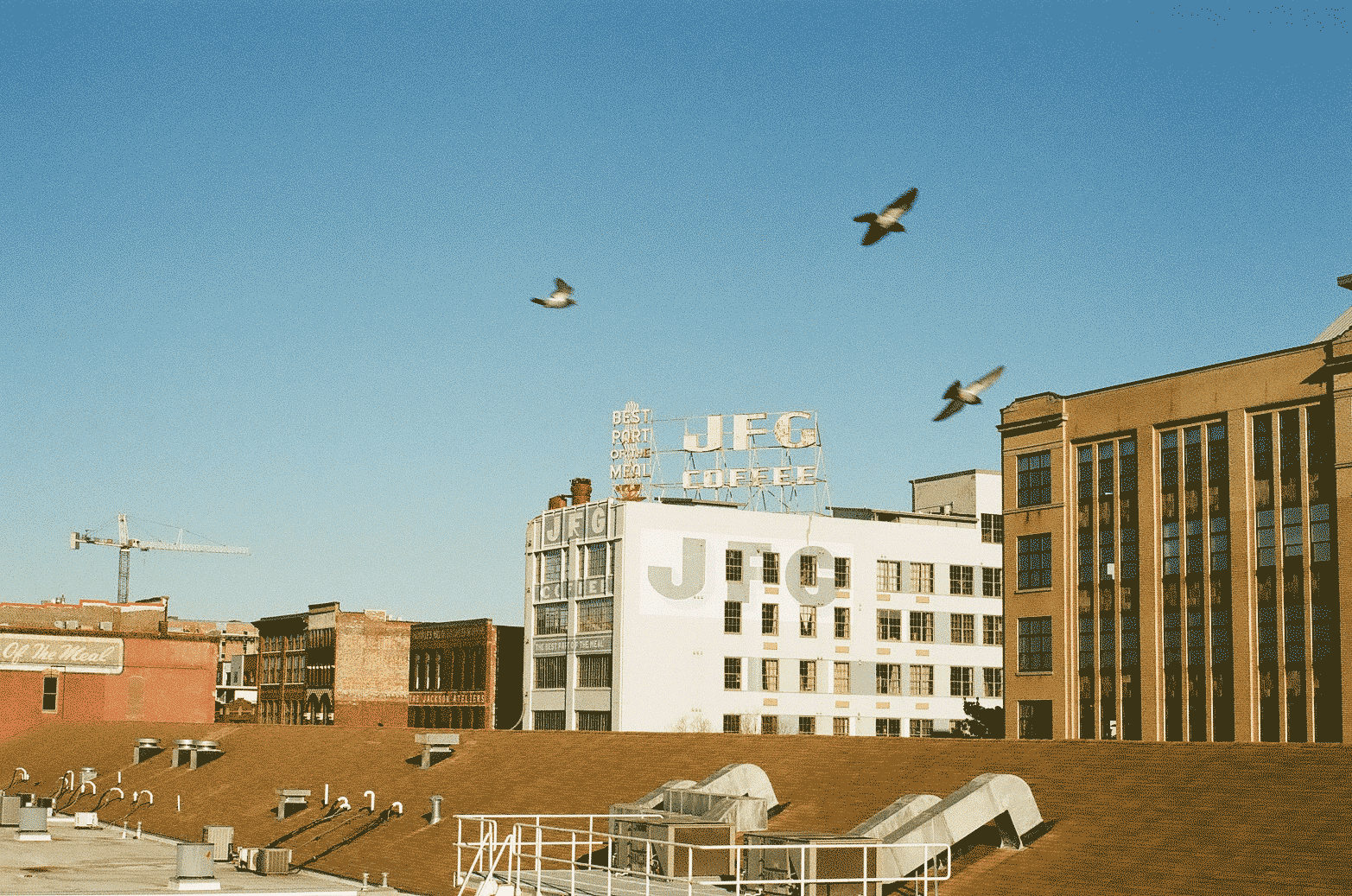View of buildings in a downtown with birds flying above, one building reads JFG coffee