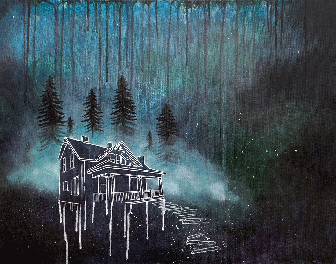 Painting of a house outline with the outlines dripping down with fog and the outlines of trees behind it. The background has drips running down it that fade into darkness.