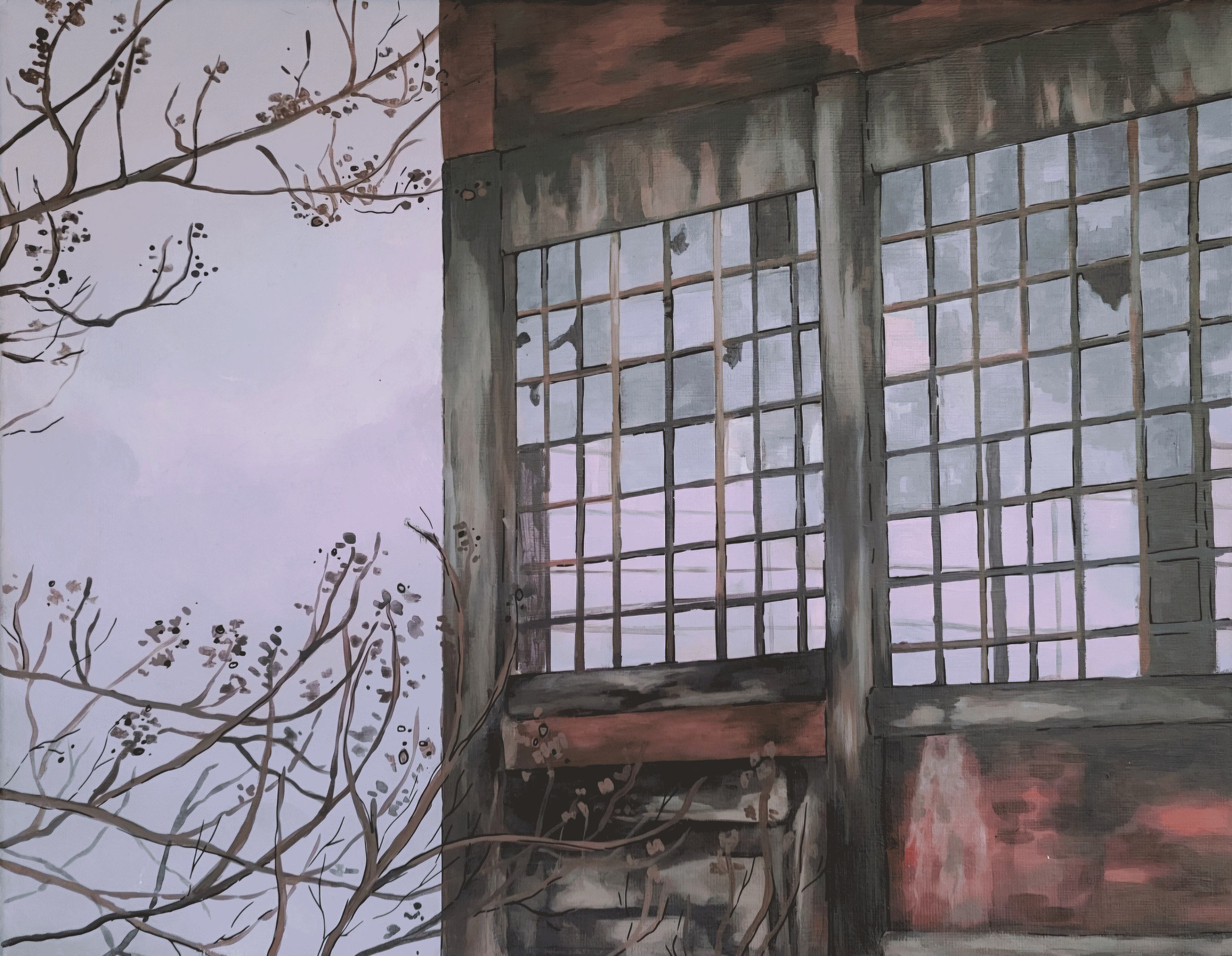 Painting of windows on a building, half are missing are broken and branches coming from the left reach toward the building