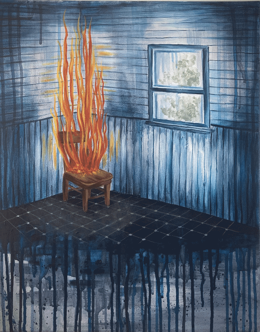 painting of a chair on fire next to a window, the bottom third of the painting in paint dripping down